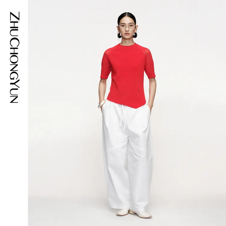 ZHUCHONGYUN2026秋新款红色斜裁针织短袖上衣毛针织衫R1EG2862M