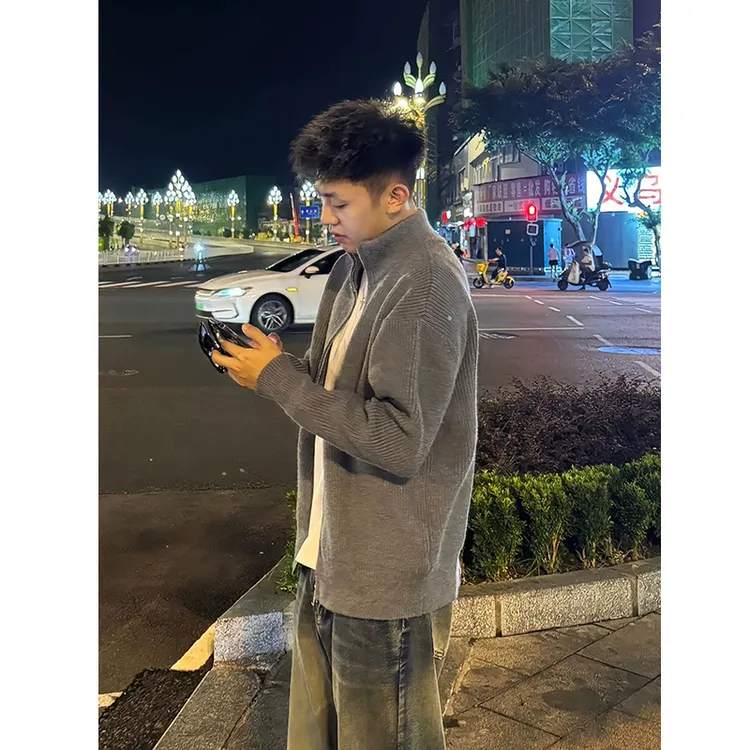 老钱风毛衣开衫外套男士秋季高级感慵懒风针织衫cleanfit立领夹克