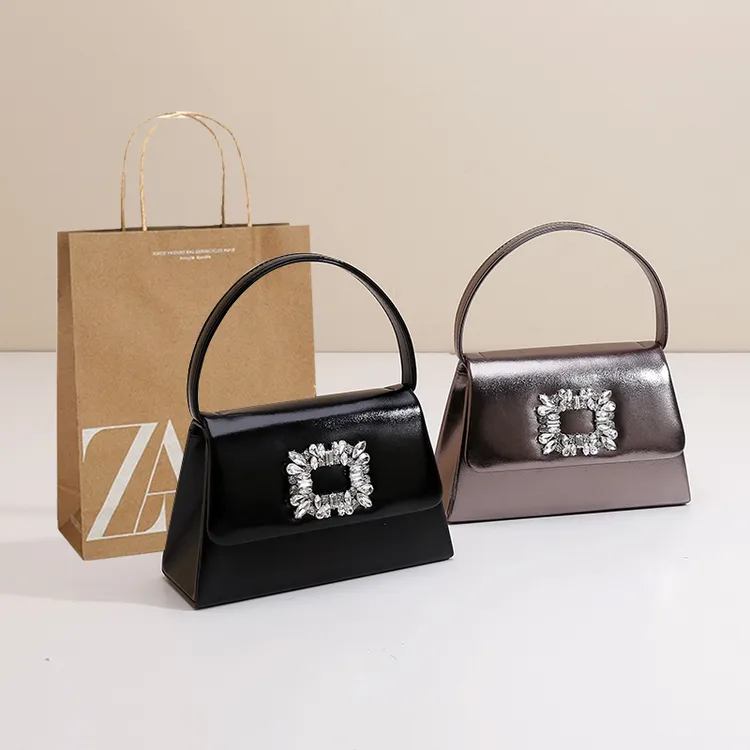 法式轻奢镭射小方包宴会水钻包包时尚复古百搭黑色手提单肩斜挎包