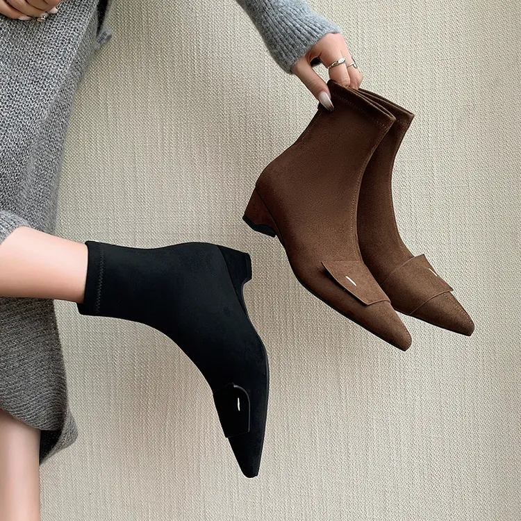 4cm小众设计坡跟弹力袜靴秋冬新款复古瘦瘦靴粗跟小短靴时装裸靴