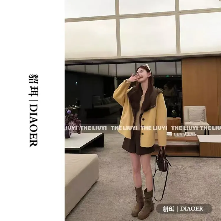 高级感连帽撞色长袖毛呢外套女春秋新款休闲百搭显瘦短款呢子大衣
