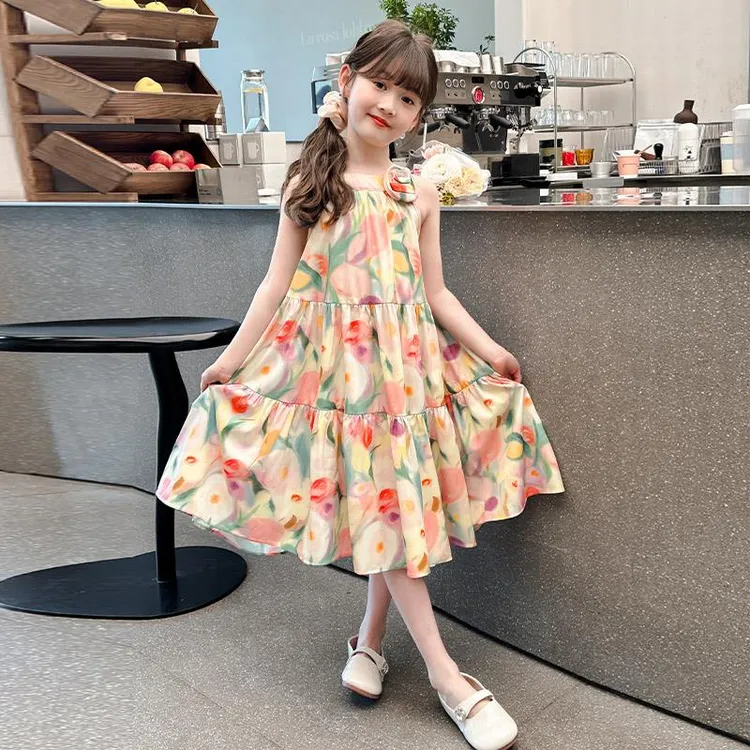 范哲萨女童连衣裙夏装韩版背心儿童洋气夏季小女孩碎花中长款吊带