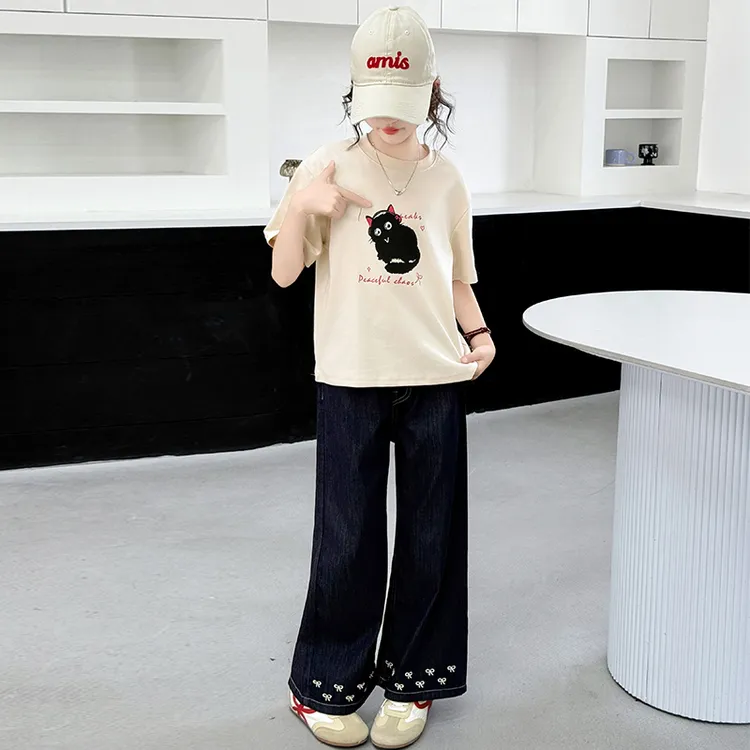 女童夏季套装2025新款洋气儿童T恤牛仔阔腿裤两件套大童女孩衣服