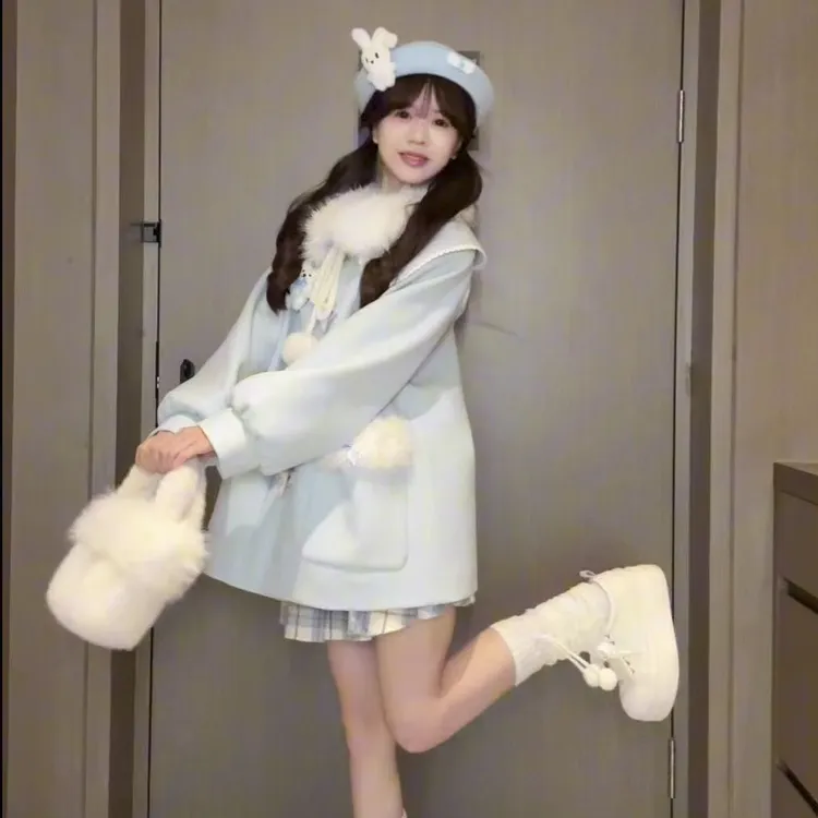 雪松奶酪 毛绒绒拼接牛角扣奶蓝毛呢大衣外套减龄宽松百搭呢大衣