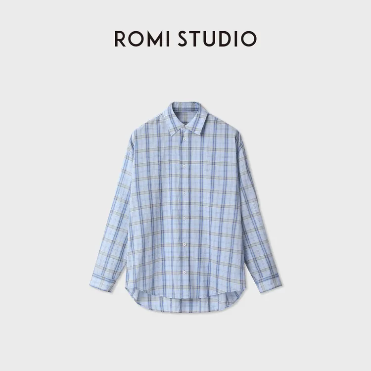 ROMI STUDIO“蓝格子”微皱肌理垂顺落肩宽松长袖衬衫 RWDSS83224