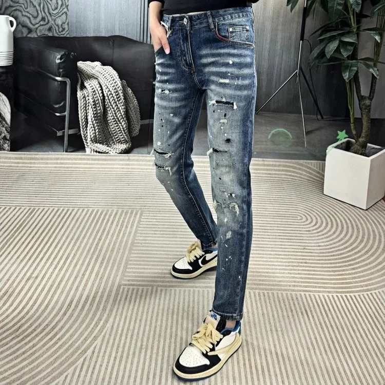 欧货潮牌夏季薄款修身小脚裤男士破洞泼墨个性新款薄牛仔裤长裤子