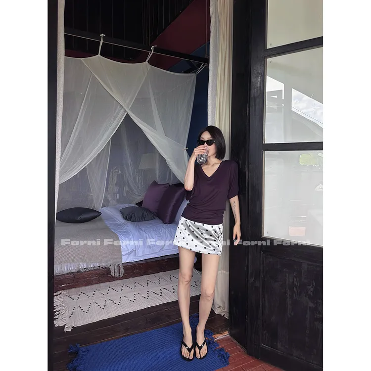 FORNI 卡小姐 复古U系灰底波点印花包臀防走光波点裙裤