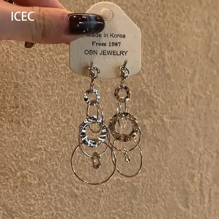 合金耳饰 辣妹风银色多层圆圈耳钉欧美风金属感个性夸张流苏耳饰商品图