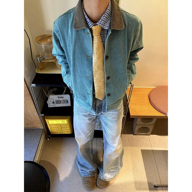 水洗孔雀绿底特律工装夹克外套男秋季高级感灯芯绒拼接翻领棒球服