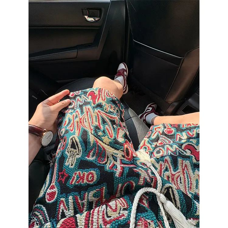 夏威夷涂鸦字母针织短裤男夏季潮牌潮流炸街半裤子休闲运动五分裤