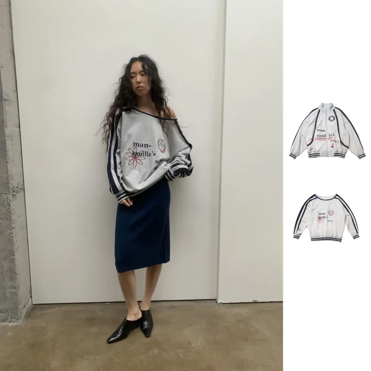 MANZANILLA  设计师品牌  25秋冬新品斜肩撞色刺绣球衣卫衣/外套
