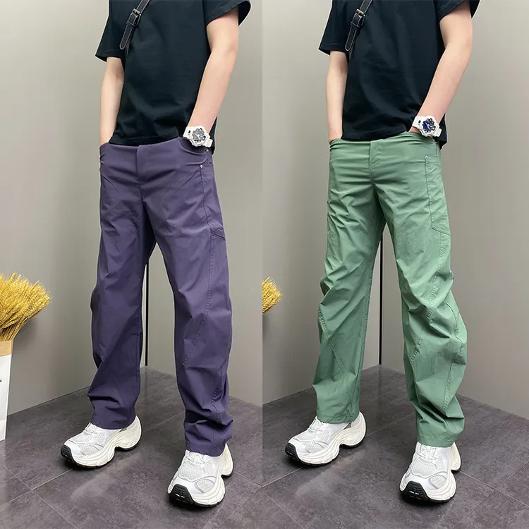2025夏季裤子男小众设计休闲弯刀裤青年纯色显瘦大口袋阔腿长裤男