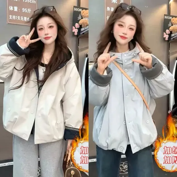 加厚加绒连帽保暖冲锋衣外套女装2025秋冬新款时尚洋气休闲棉服潮