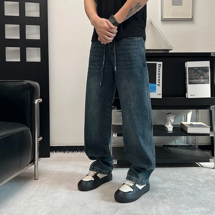 秋冬新款松紧腰水洗复古蓝牛仔裤男宽松直筒裤美式潮牌加绒弯刀裤