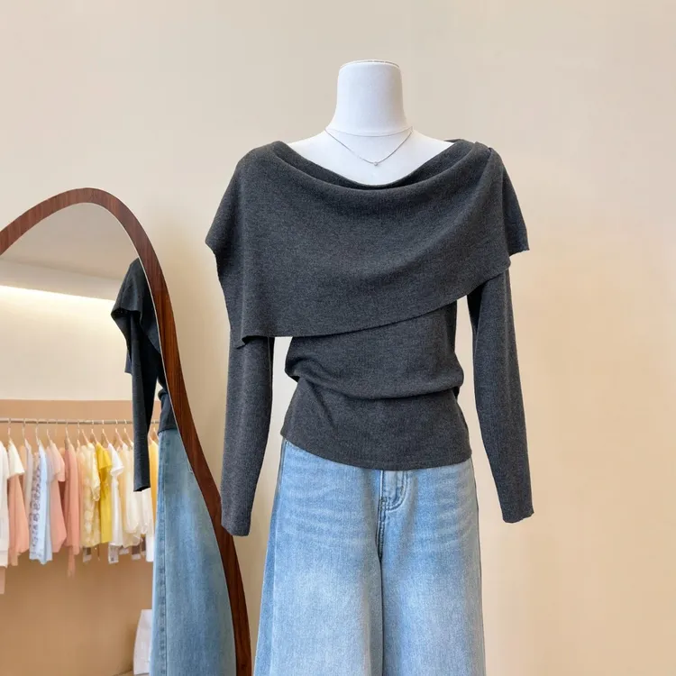 法式荡领披肩长袖针织衫女早秋氛围感穿搭修身打底衫小上衣两件套