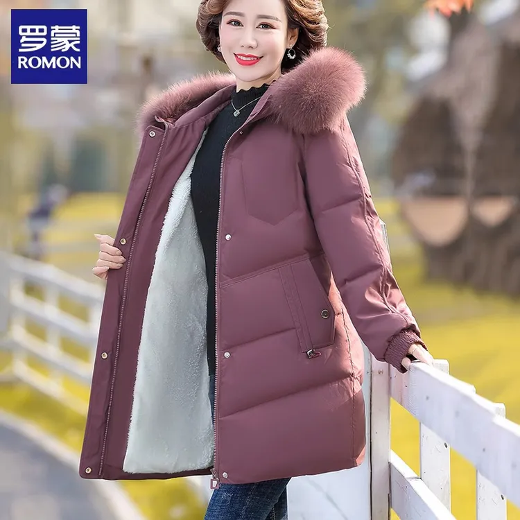 罗蒙妈妈冬装棉衣加绒加厚外套中老年人女新款棉袄中长款羽绒棉服