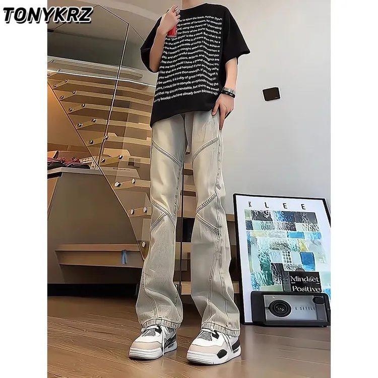  TONYKRZ美式复古牛仔裤男春夏拼接设计感裤子高街vibe显瘦微喇裤