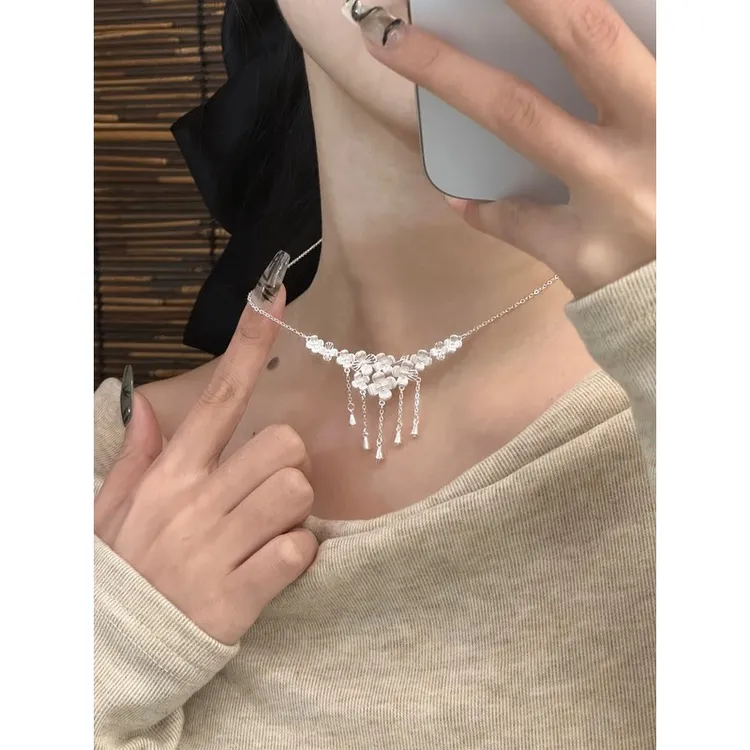 坠链均足银 花团锦簇项链精致高级长流苏梅花女繁花似锦项链