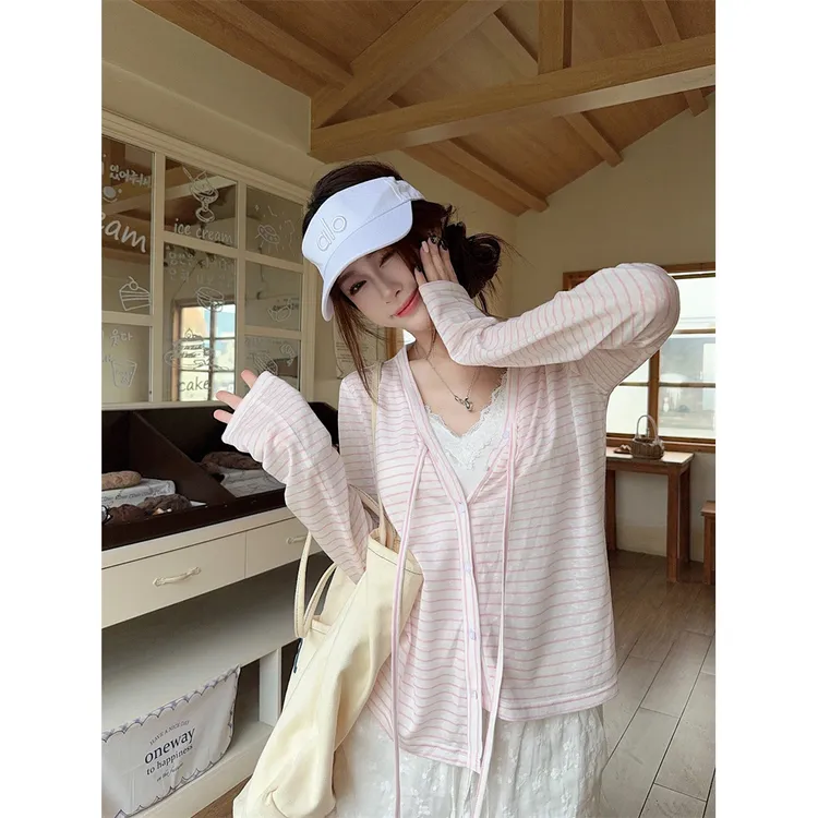 条纹V领绑带开衫防晒外套女装夏季韩系慵懒宽松薄款空调罩衫上衣