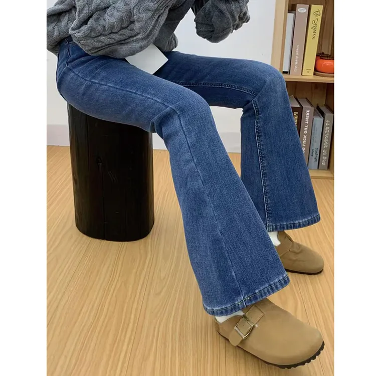 复古蓝微喇牛仔裤女2025春季新款大码胖mm高腰显瘦小个子微喇裤