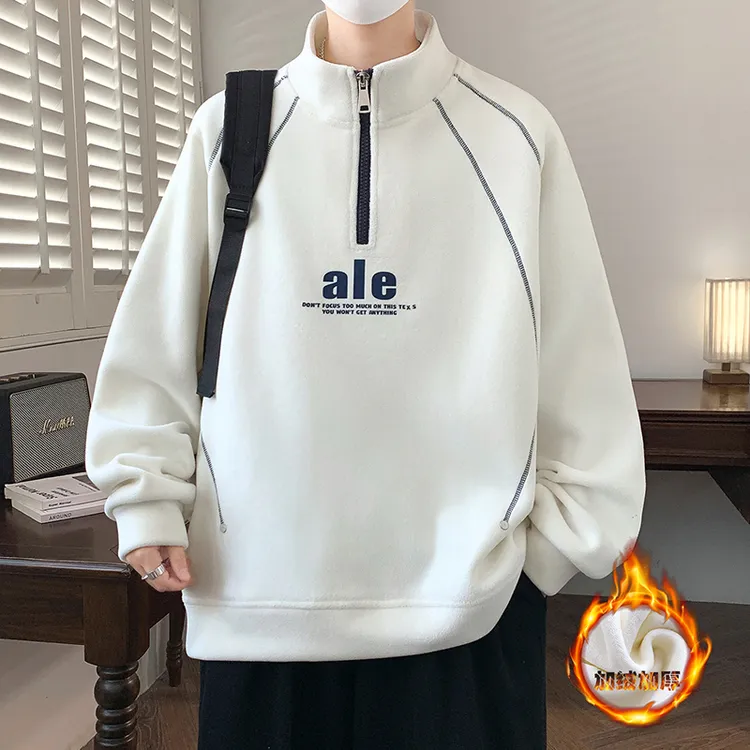 秋冬季新款青少年加绒加厚半高领拉链卫衣拼接设计保暖有型打底衫