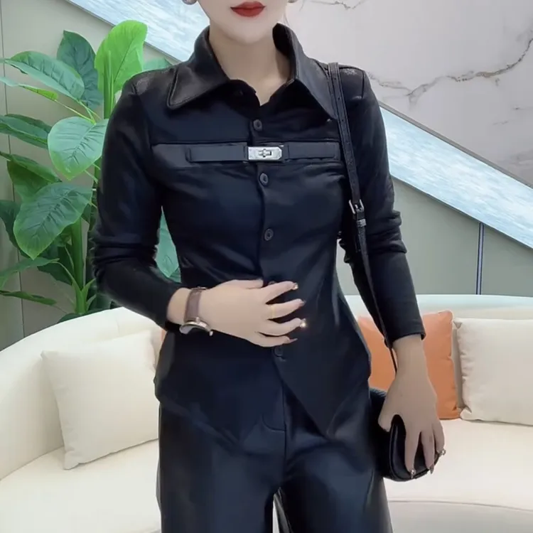 高级定制皮扣翻领长袖纯色拼皮衬衫时尚百搭