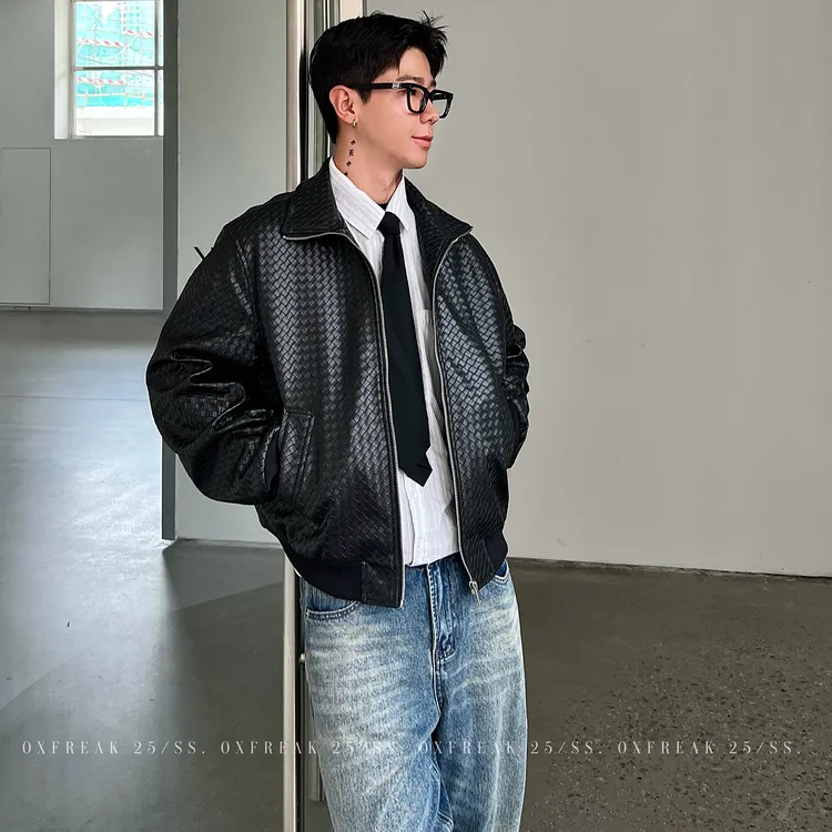 OXFREAK「立体编织菱格」黑色PU皮夹克男短款宽松机车服外套秋季