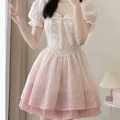 甜美渐变公主夏季可爱甜妹小个子收腰显瘦连衣裙