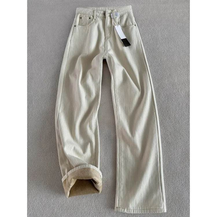 浅杏窄版阔腿牛仔裤女春秋新款加绒加厚直筒裤宽松休闲拖地裤显瘦