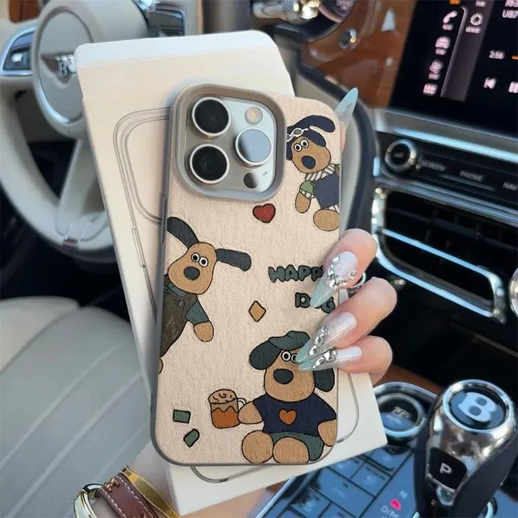 油画三只掌门狗适用iPhone16/15pro荔枝纹14苹果手机壳12套17/13