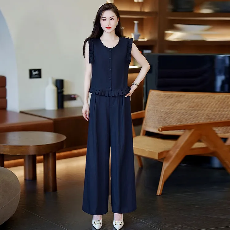 2025年夏季新款木耳边马甲时尚套装女欧洲站高腰休闲阔腿裤两件套