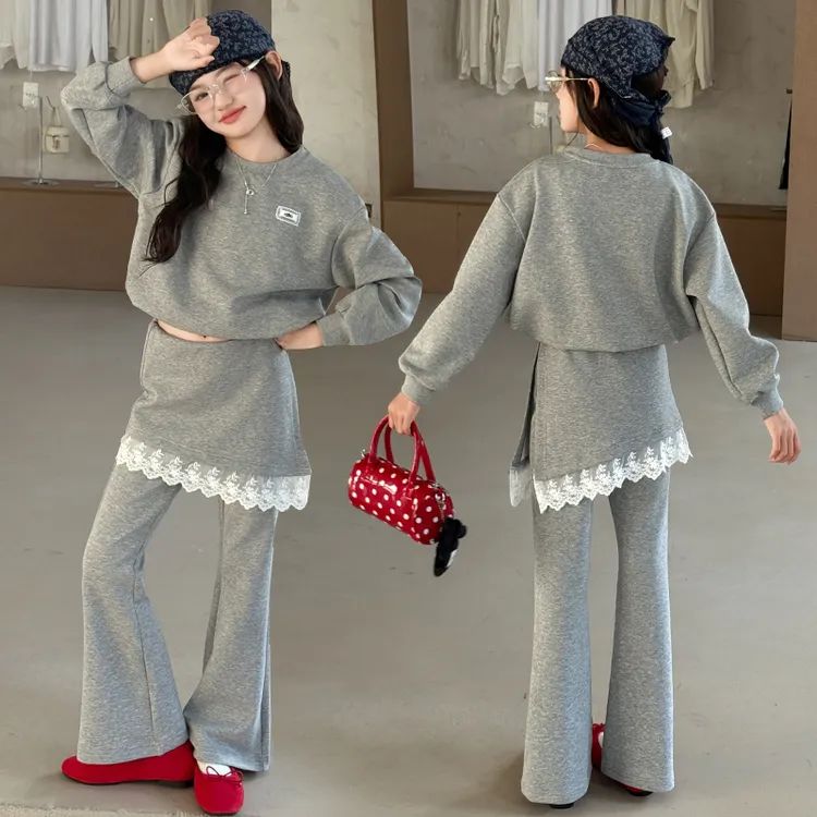 女童卫衣套装韩系新款秋装6-12儿童休闲蕾丝拼接喇叭裤两件套春秋