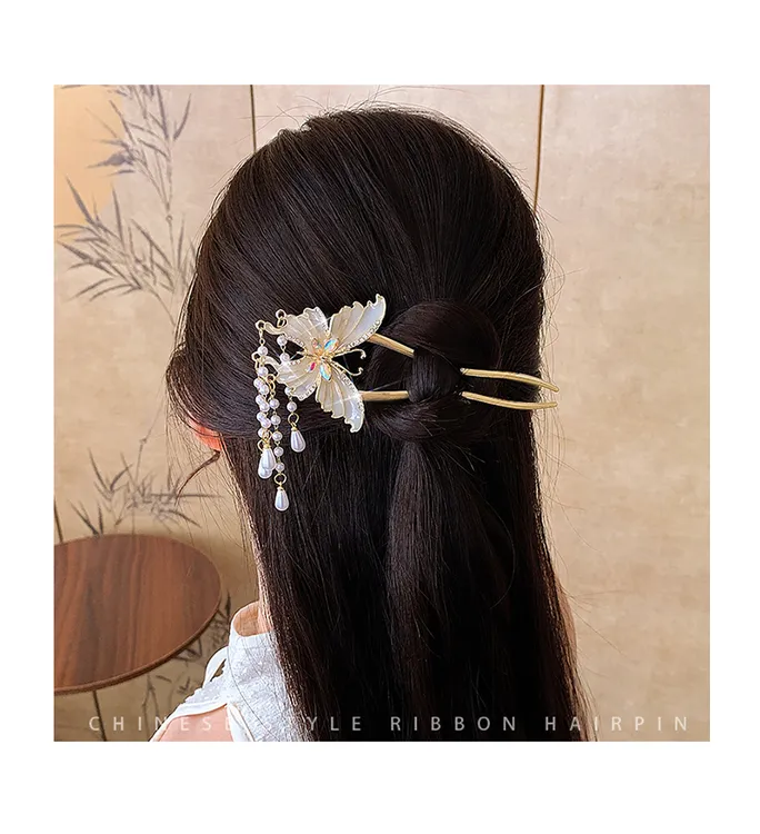 直-珐琅彩蝴蝶发钗法式女士甜美新中式流苏发簪发饰旗袍古风U形