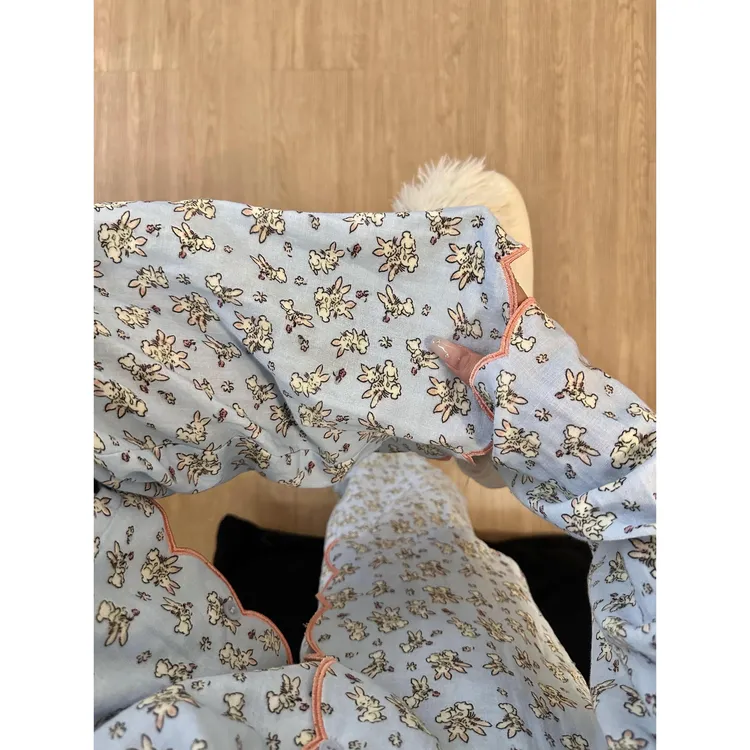 日系可爱兔子印花休闲舒适睡衣女款春秋季宽松显瘦长裤家居服套装