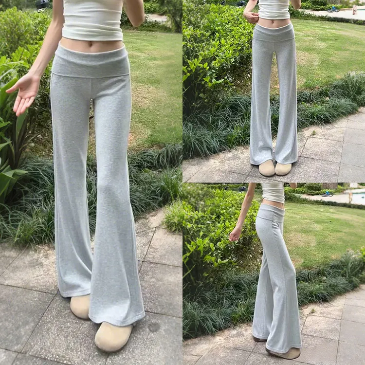 翻腰灰色针织喇叭裤女夏季薄款修身弹力显瘦微喇阔腿裤休闲瑜伽裤