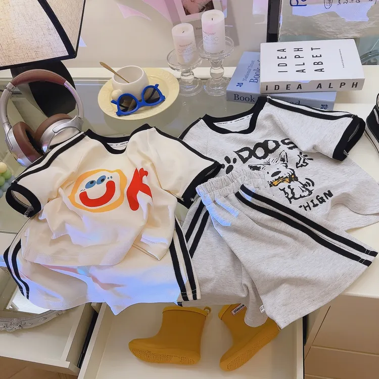 儿童套装夏装2025新款珠地棉男童短袖t恤女童短裤中大童薄款衣服