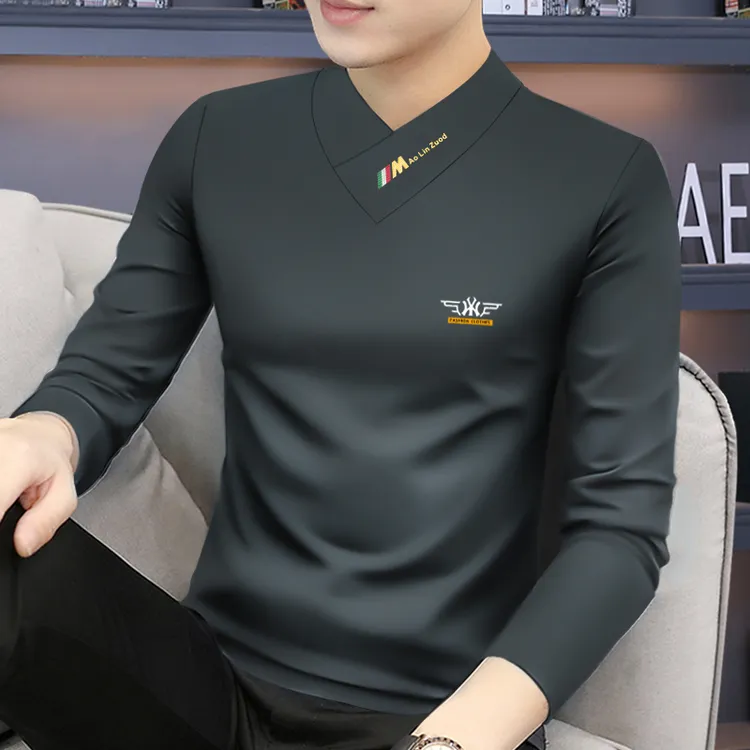 2025年秋冬新款男士V领莫代尔长袖修身百搭体恤保暖加绒打底衫男