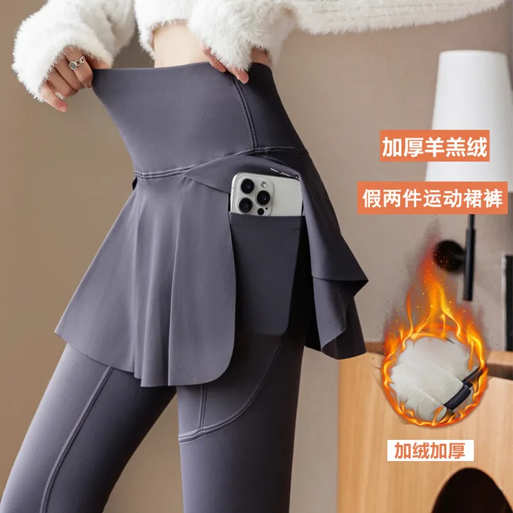 秋冬加绒假两件健身瑜伽裤高腰收腹运动外穿鲨鱼裤大码保暖打底裤