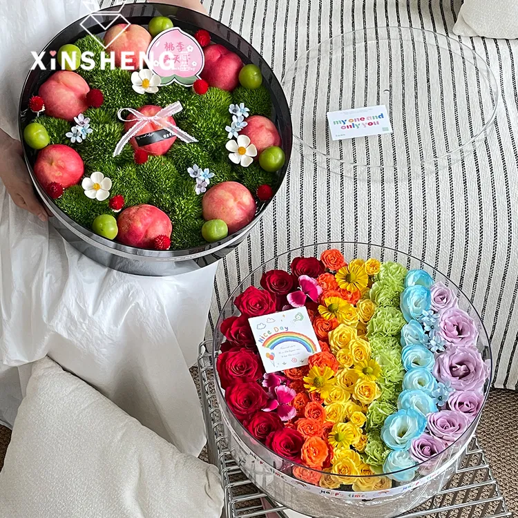 芯苼 清透PET圆盒鲜花花束水果创意包装盒花店材料