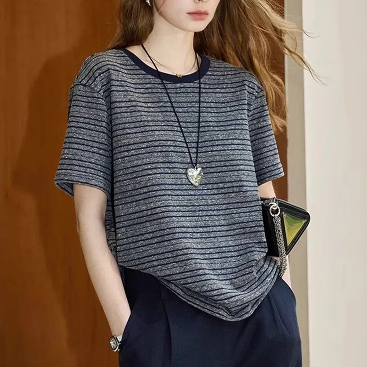 【专柜大码】不褪色洋气宽松T恤ins条纹小众短袖时尚常规薄款极简风