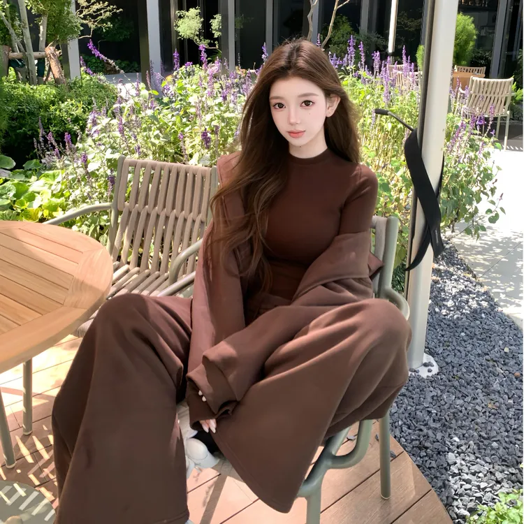 慵懒风咖色宽松开衫外套女秋季叠穿内搭T恤秋季休闲阔腿裤三件套