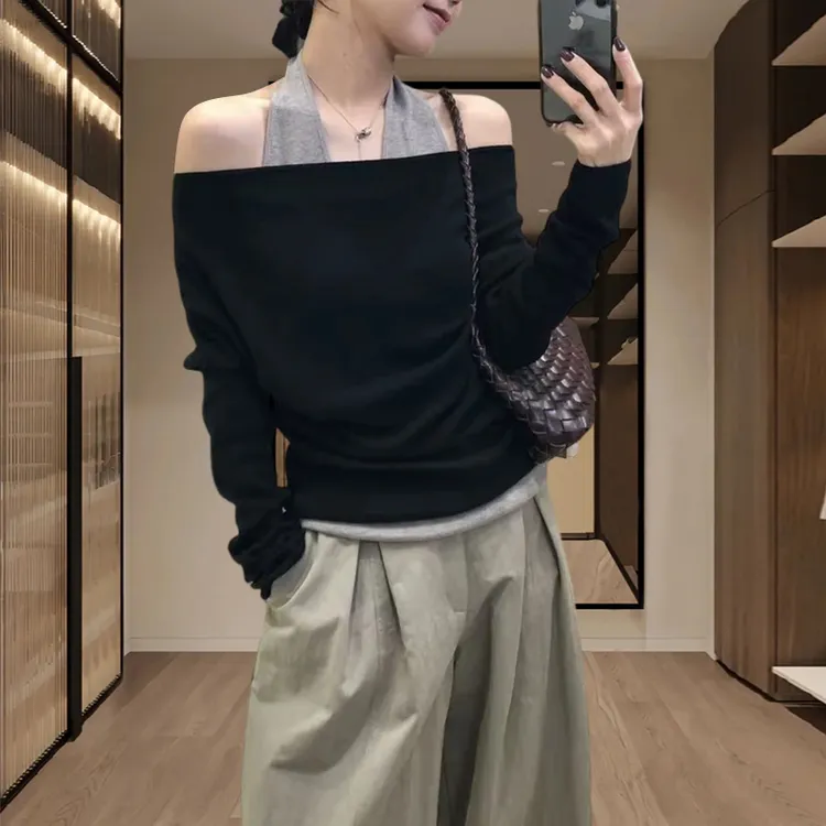 斜肩假两件针织衫上衣女装2025年洋气欧货时尚显瘦气质小衫长袖
