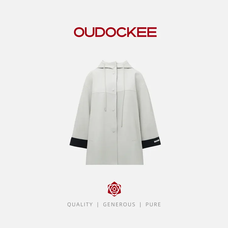 OUDOCKEE 鸥鸥【100棉】高级时髦内里撞色单排扣连帽风衣 FACF689T