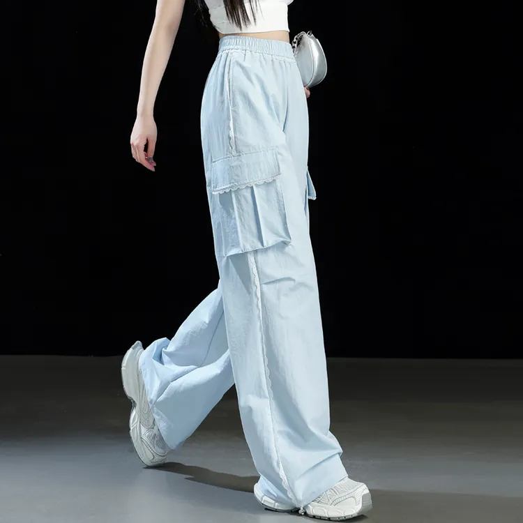 速干直筒工装裤女款2025新款蕾丝边高腰阔腿裤女夏薄款束脚登山裤