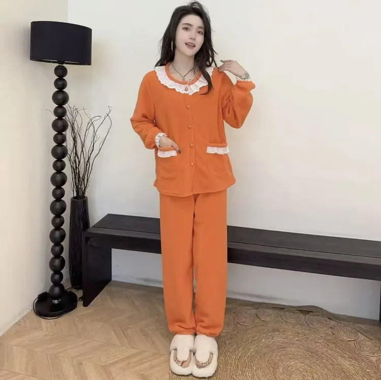 【年底清仓】秋冬款小香风颗粒绒蕾丝花边可外穿长袖长裤睡衣家居服