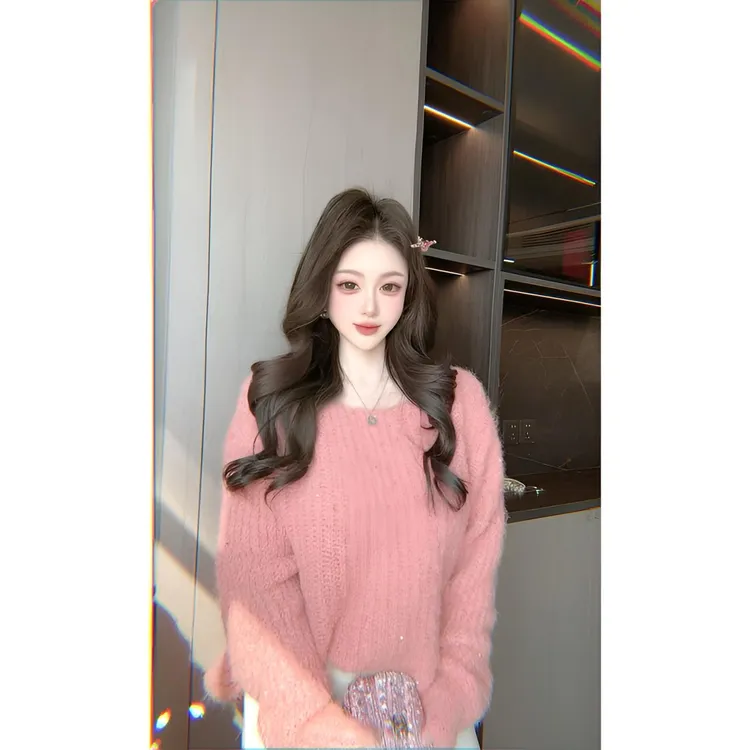 曼曼【奶油糖霜】早秋温柔细闪亮片露肩针织套头毛衣（不扎人）