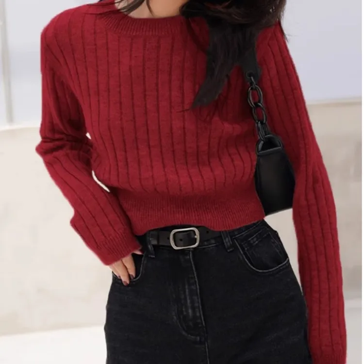 短款毛衣女春秋季新品法式复古内搭针织衫气质高腰红色短上衣外穿