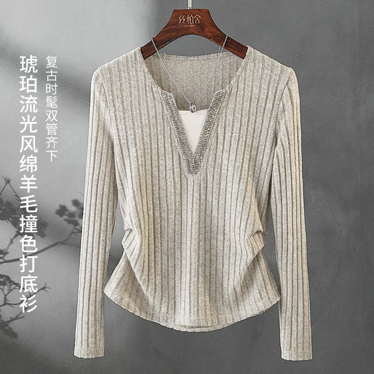 丝柏舍秋季修身显瘦钉珠V领假两件打底衫百搭老钱风女装S43B6754E