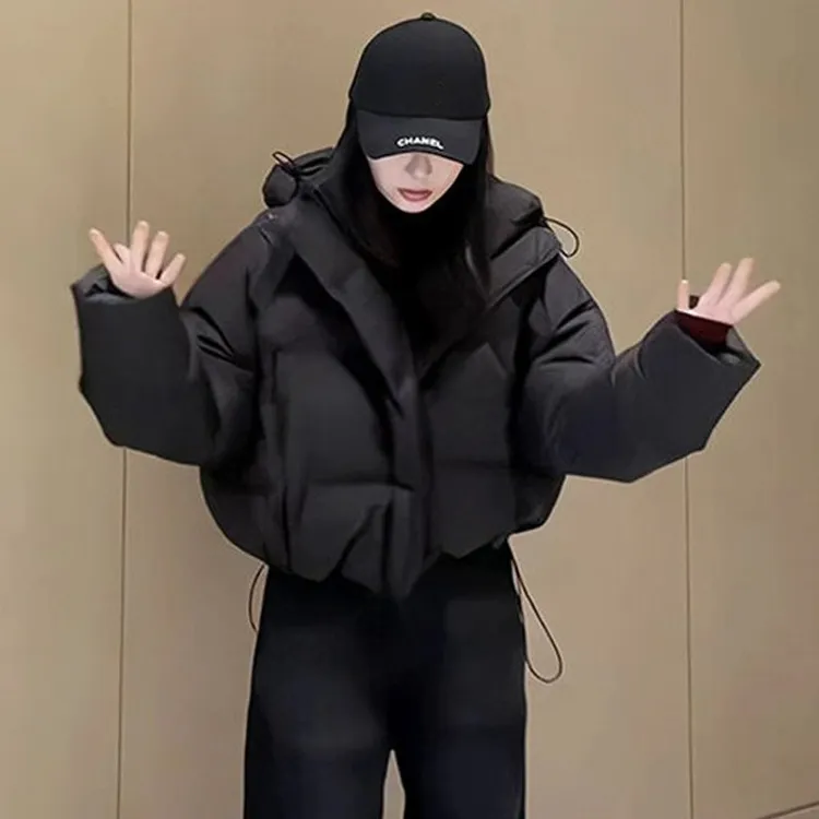 黑色短款棉服女冬季2025新款炸街抽绳设计感宽松面包服棉服连帽外