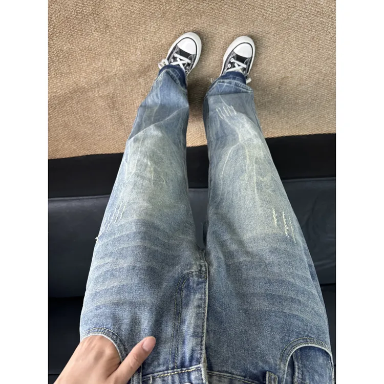 复古蓝猫爪痕水洗牛仔裤男款美式cleanfit显瘦裤子修身直筒微喇裤